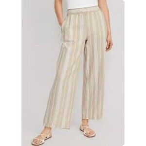 Old Navy Linen Wide Leg Pants 4X Neutral Stripe‎ High Rise Pull-On Elastic Waist